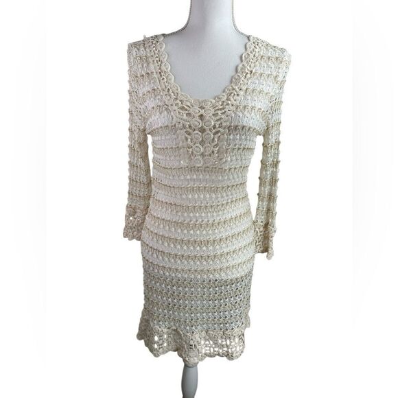 Solitaire Swim Coverup Size M Ivory Tan Gold Crocheted Long Sleeve Dress Beach - Picture 1 of 11